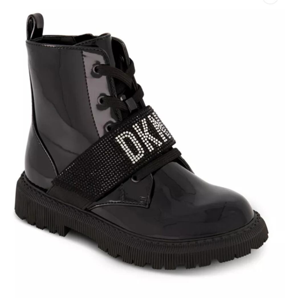 DKNY Boots Girls Size 13 Black Ava Roma Combat Rhinestone Zip Lug Sole